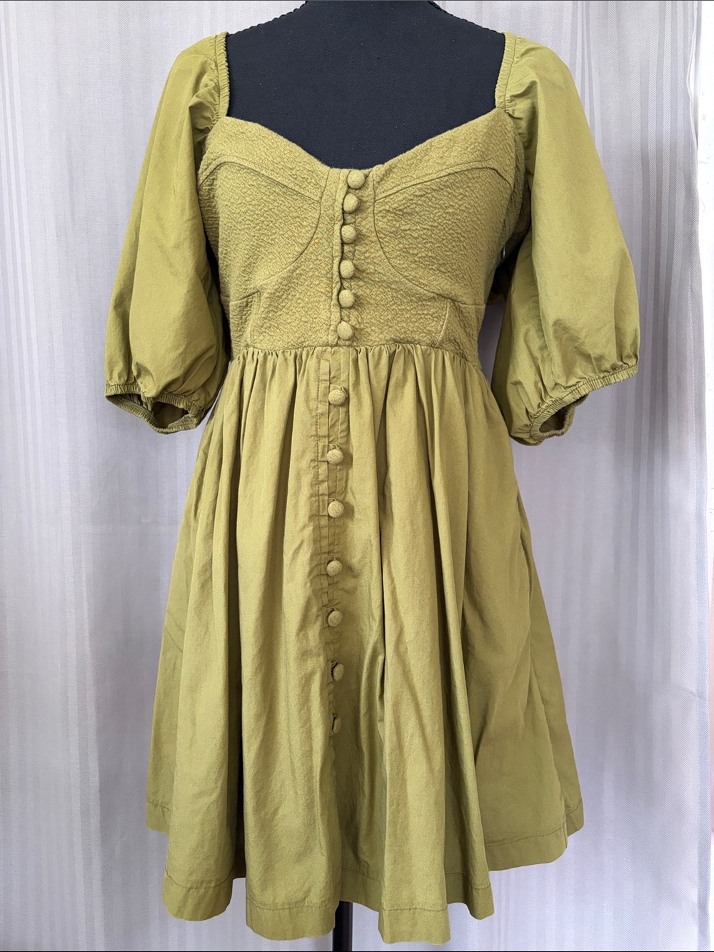Maeve by Anthropologie Olive Green Puff-Sleeve Button-Front Mini Dress